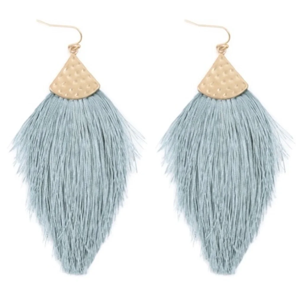 Bohemian Thread Tassel Drop Earrings Light Blue - Picture 2 of 3